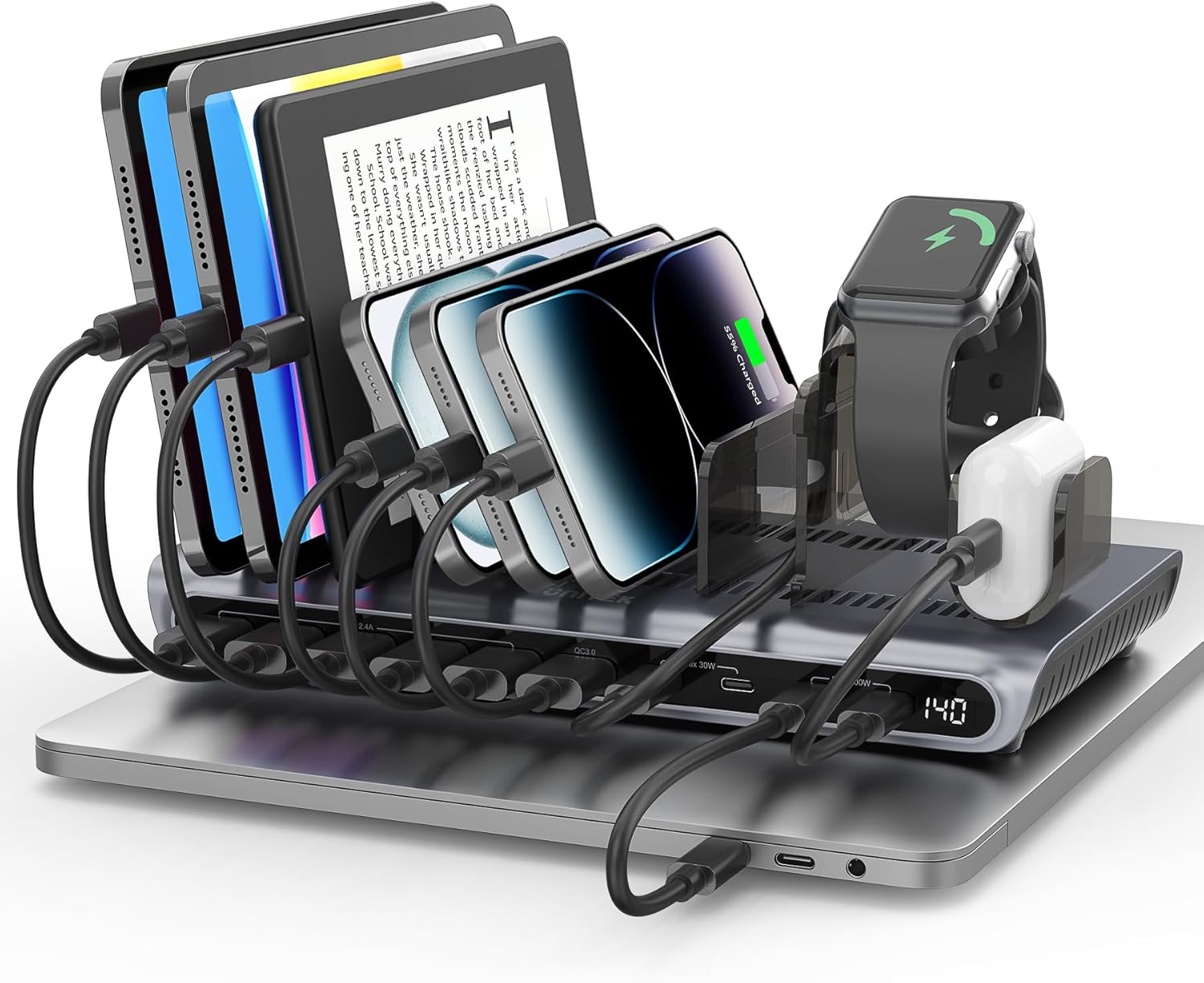 Unitek Charging Station for Multiple Devices - 140W USB C Fast Charging Stand with Digital Display for Laptop iPad iPhone Charging Dock with Smartwatch & Airpods Holder