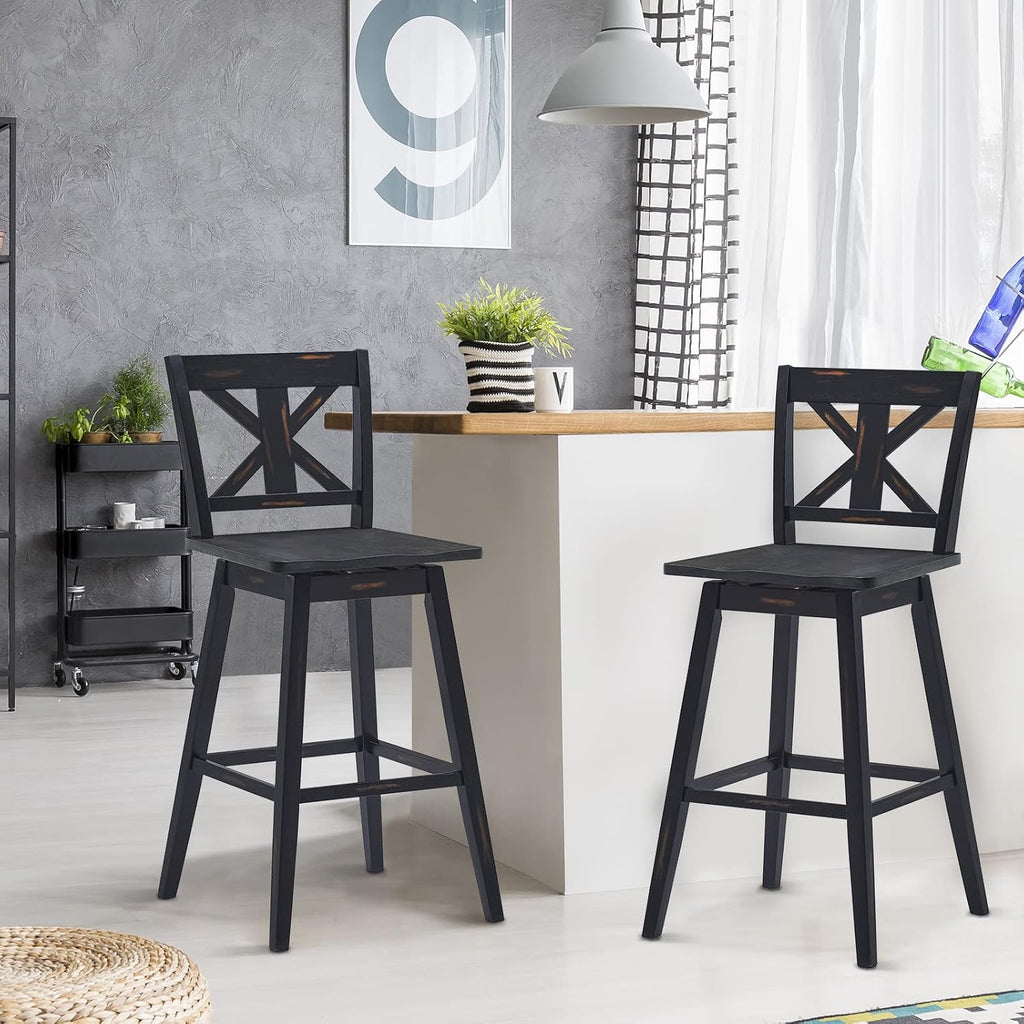 COSTWAY Bar Stools Set of 4, 360 Degree Swivel, 29-inch Height Chairs w/Non-Slip Foot Pads, Rubber Wood Bar Chairs, Vintage Bar Stools for Home, Restaurant (Black)