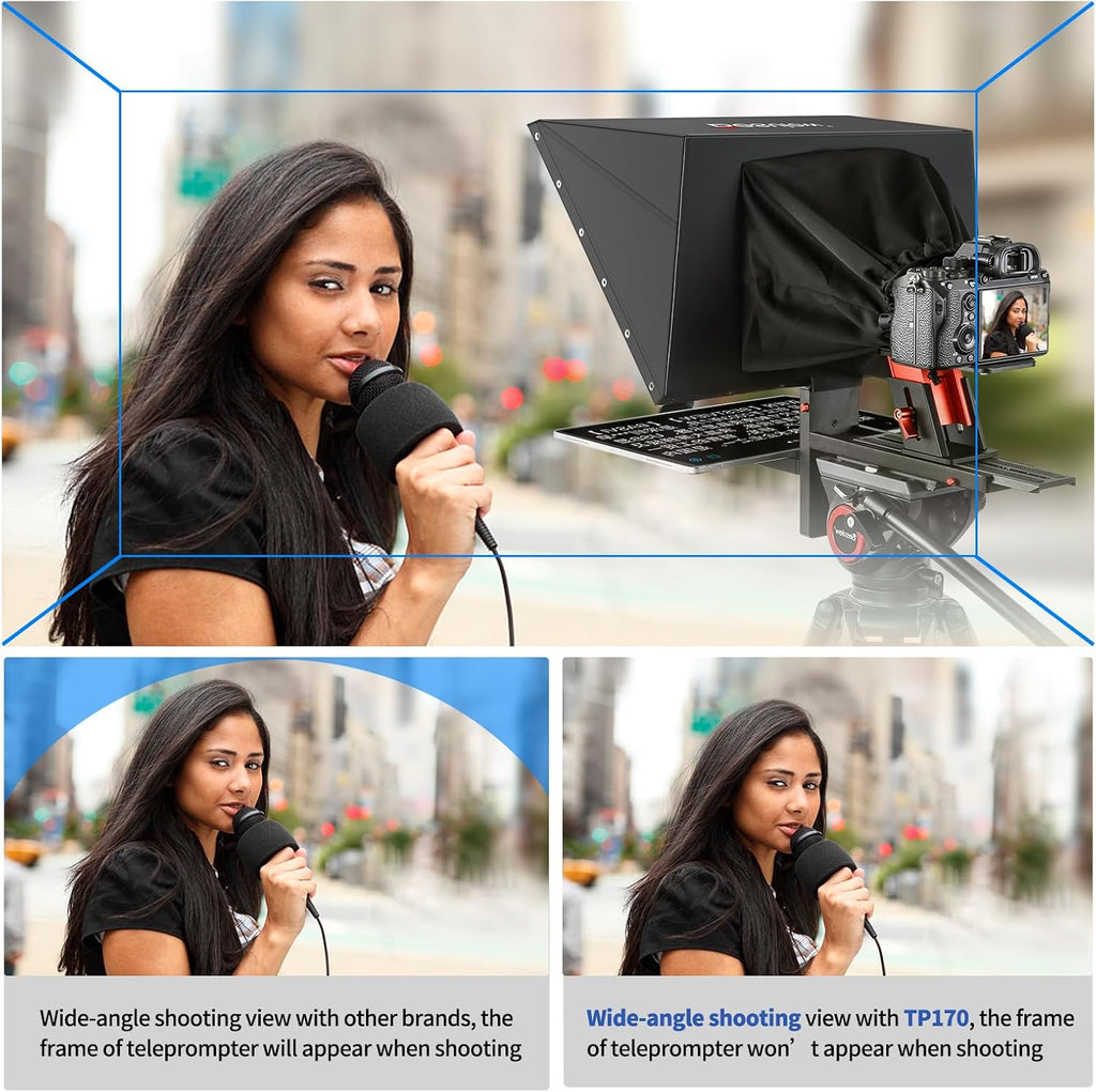 Desview TP170 teleprompter 17 inch High Display Glass Aluminum Alloy Liftable Teleprompter with Remote Control Compatible with ipad DSLR Camcorders Easy Assembly with Carry Case for Video Making