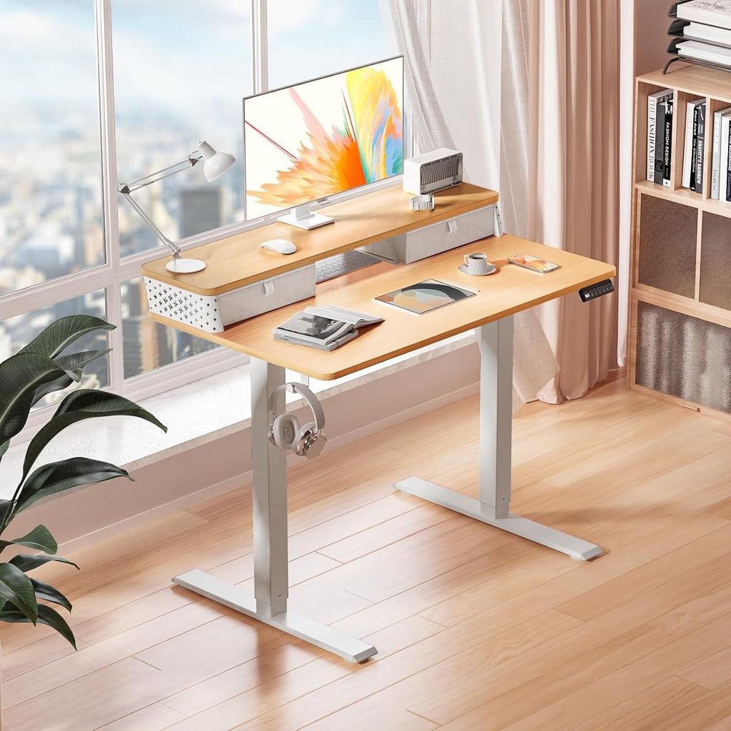 Kingant 35 x 20 Inch Small Electric Standing Desk with Dual Drawers, Height Adjustable Sit to Stand Computer Desk with Storage Shelf and C-Clamp Mount Compatibility for Home Office, Nature