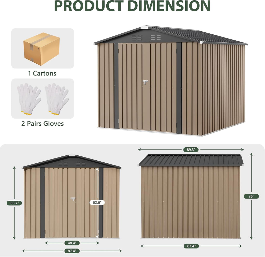 JUMMICO 8x8 FT Outdoor Storage Shed, Heavy Duty Tool Metal Sheds with Lockable Doors and Updated Frame Structure for Backyard Patio Lawn, Brown