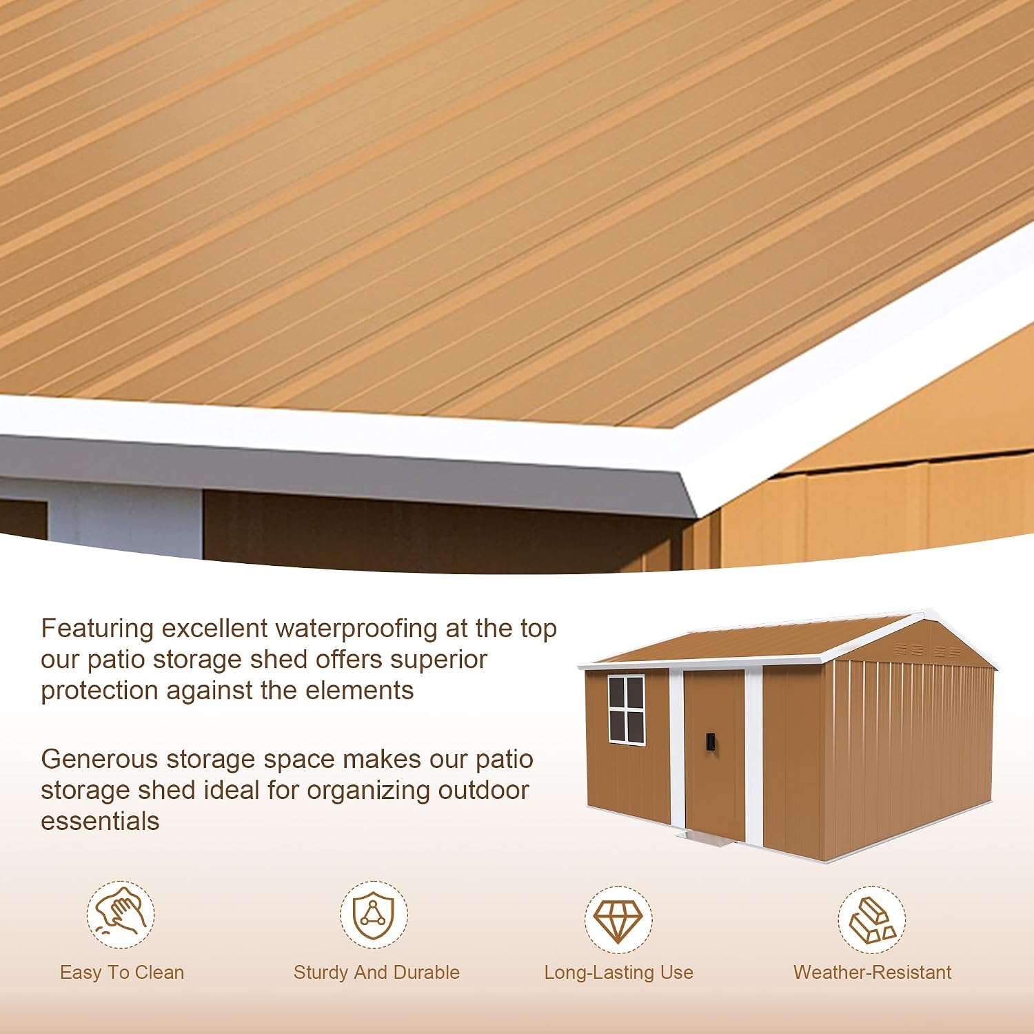 12x10 FT Heavy-Duty Metal Tool Shed with Windows, Lockable Door & Ventilation, Weatherproof Outdoor Garden Storage Shed for Backyard, Lawn, and Tool Organization, Brown