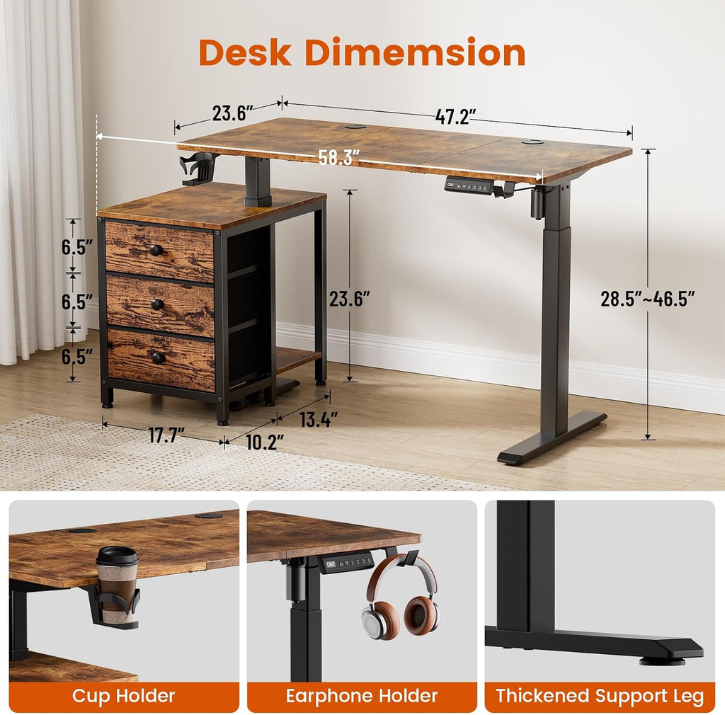 REAHOME Electric Standing Desk with Drawers, 47 x 24 Inches Height Adjustable Sit Stand Desk with Storage, 3 Memory Preset Home Office Computer Desk, Printer Cabinet, Cable Management, Rustic Brown
