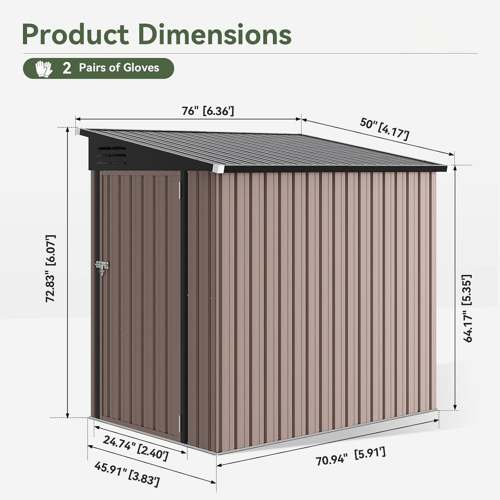 6'x4' Lean to Shed Galvanized Steel Storage Sheds with Side Door Waterproof Utility Shed with Sloped Roof for Mower, Bike, Garden Tools (Brown)