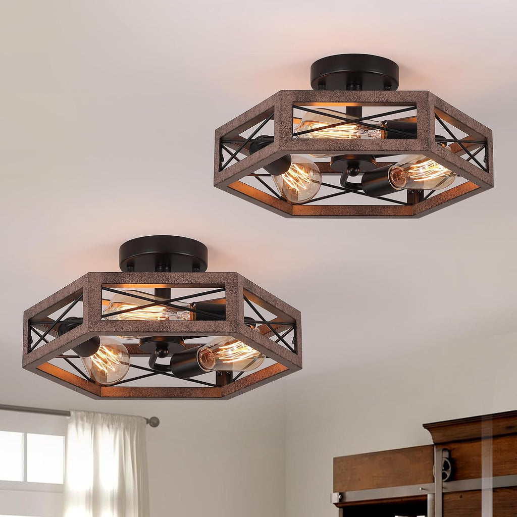 2 Pack 3-Light Rustic Farmhouse Metal Flush Mount Ceiling Light Fixture 14.5 inch Antique Oak Hexagon Cage Semi Flush Mount Ceiling Light for Hallway Hall Entry Bedroom Kitchen Farmhouse, Black