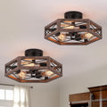 2 Pack 3-Light Rustic Farmhouse Metal Flush Mount Ceiling Light Fixture 14.5 inch Antique Oak Hexagon Cage Semi Flush Mount Ceiling Light for Hallway Hall Entry Bedroom Kitchen Farmhouse, Black