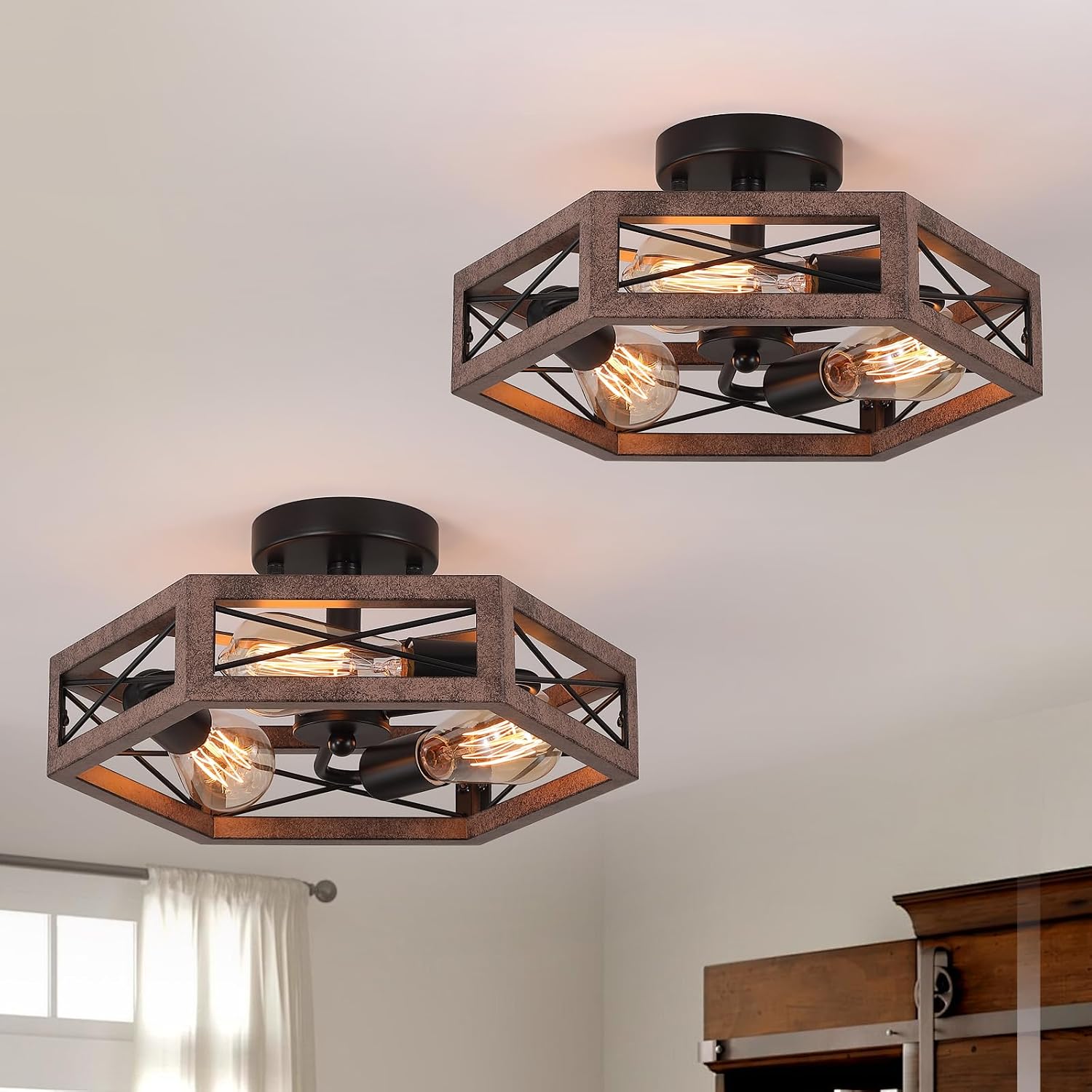 2 Pack 3-Light Rustic Farmhouse Metal Flush Mount Ceiling Light Fixture 14.5 inch Antique Oak Hexagon Cage Semi Flush Mount Ceiling Light for Hallway Hall Entry Bedroom Kitchen Farmhouse, Black