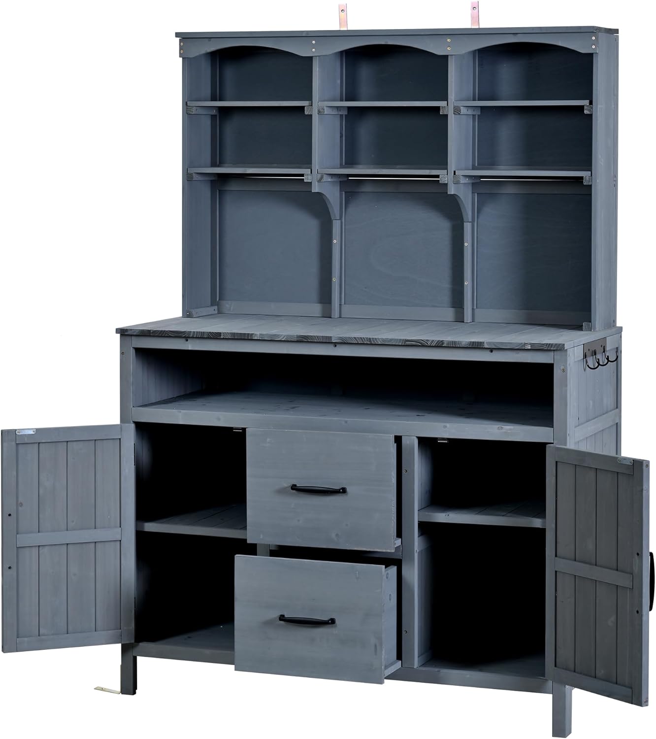 45.3''L Large Fir Wood Potting Bench, Counter Height Outdoor Patio Kitchen Island with Large Countertop, Hutch, Cabinets, Drawers & Hooks, Adjustable Shelf, Wavy Decoration Roof (Gray/103)