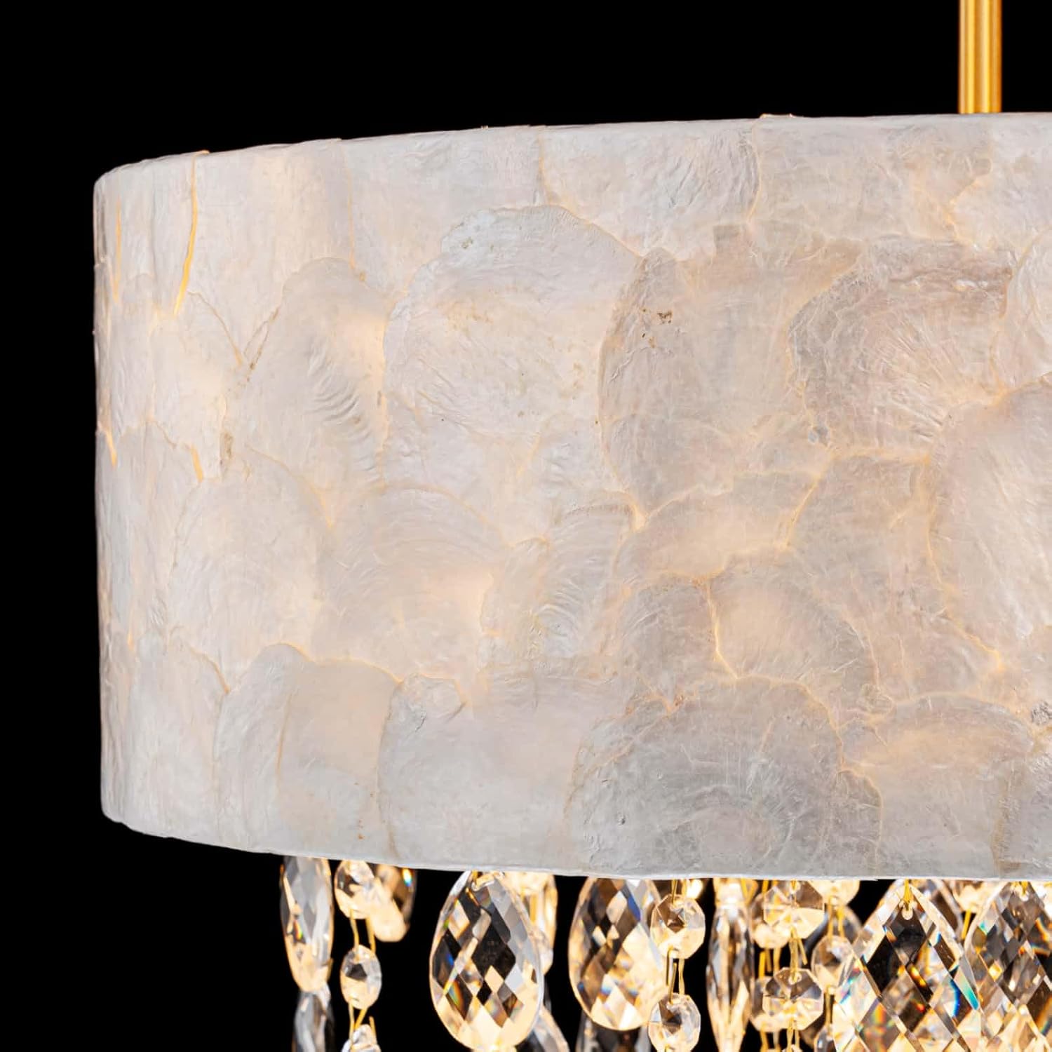 LumFurn D18in Drum Capiz Shell Crystal Chandeliers, 4-Light Coastal Style Light Fixture for Dining Room, Living Room, D18x21~68'(Adjustable), K9 Crystal, Shell Lampshade & Gold Finish