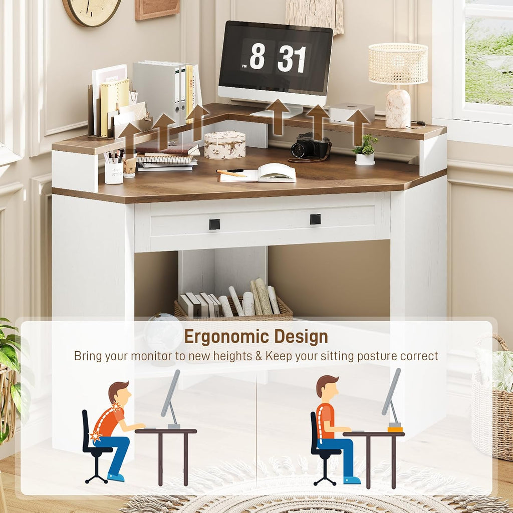 Corner Desk, Triangle Computer Desk Home Office Workstation with Drawer and Monitor Stand for Small Spaces Farmhouse Corner Vanity Table for Bedroom Study, Living Room (Rustic White and Brown)