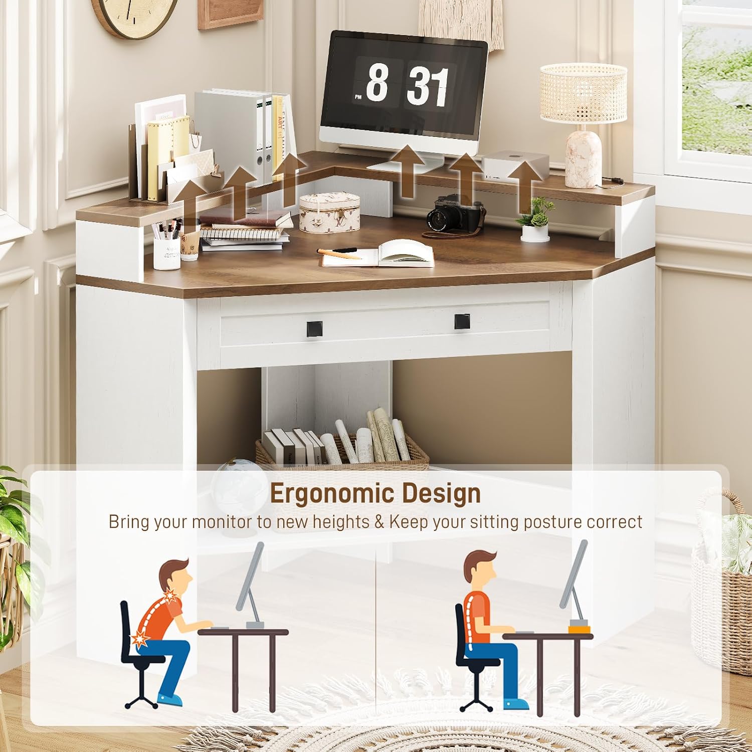 Corner Desk, Triangle Computer Desk Home Office Workstation with Drawer and Monitor Stand for Small Spaces Farmhouse Corner Vanity Table for Bedroom Study, Living Room (Rustic White and Brown)