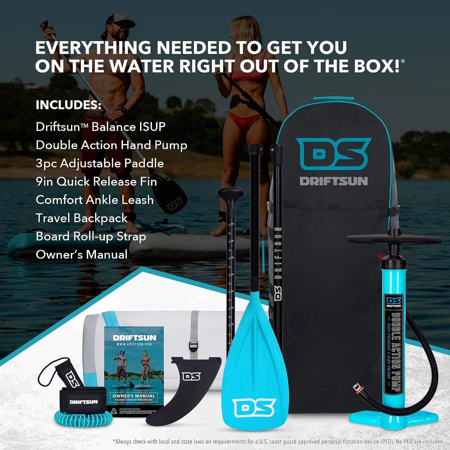 Driftsun Inflatable Stand Up Paddle Board - Extra Wide 11ft x 36in x 6in ISUP Package, Travel Backpack, Paddle, Hand Pump, Ankle Leash, Removable Fin, Youth & Adult SUP