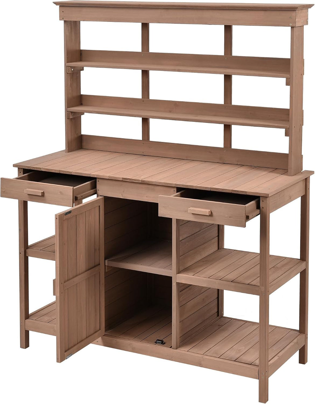 66' Large Outdoor Farmhouse Wooden Potting Bench Table, Garden Workstation with 2 Drawers, Cabinet and Open Shelves for Backyard, Mudroom, Brown