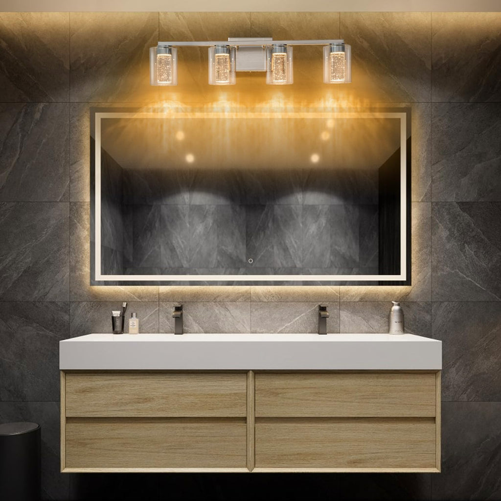 SineRise 4-Light Brushed Nickel Vanity Light with 3 Color Modes (3000K/4000K/6000K), Eye Protection LED Bathroom Light Fixture, Dimmable Modern Wall Light Over Mirror with Clear Glass Shade