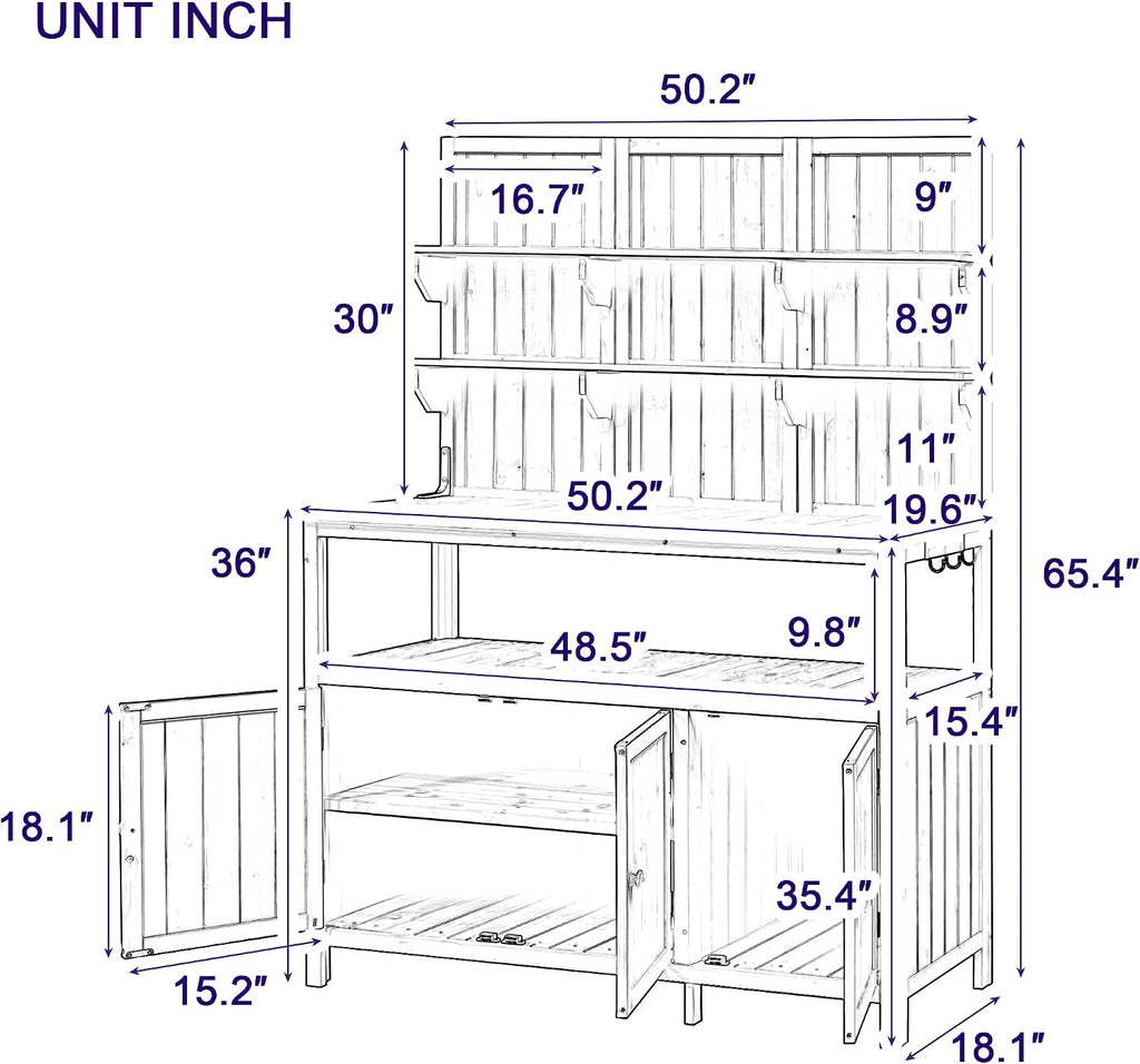 Merax Outdoor Potting Bench Table with Hutch, 50.2' Fir Wood Garden Workstation, Large Countertop, 2 Shelves, 2 Cabinets, 3 Side Hooks, Wooden Gardening Planting Table for Backyard, Patio, Natural