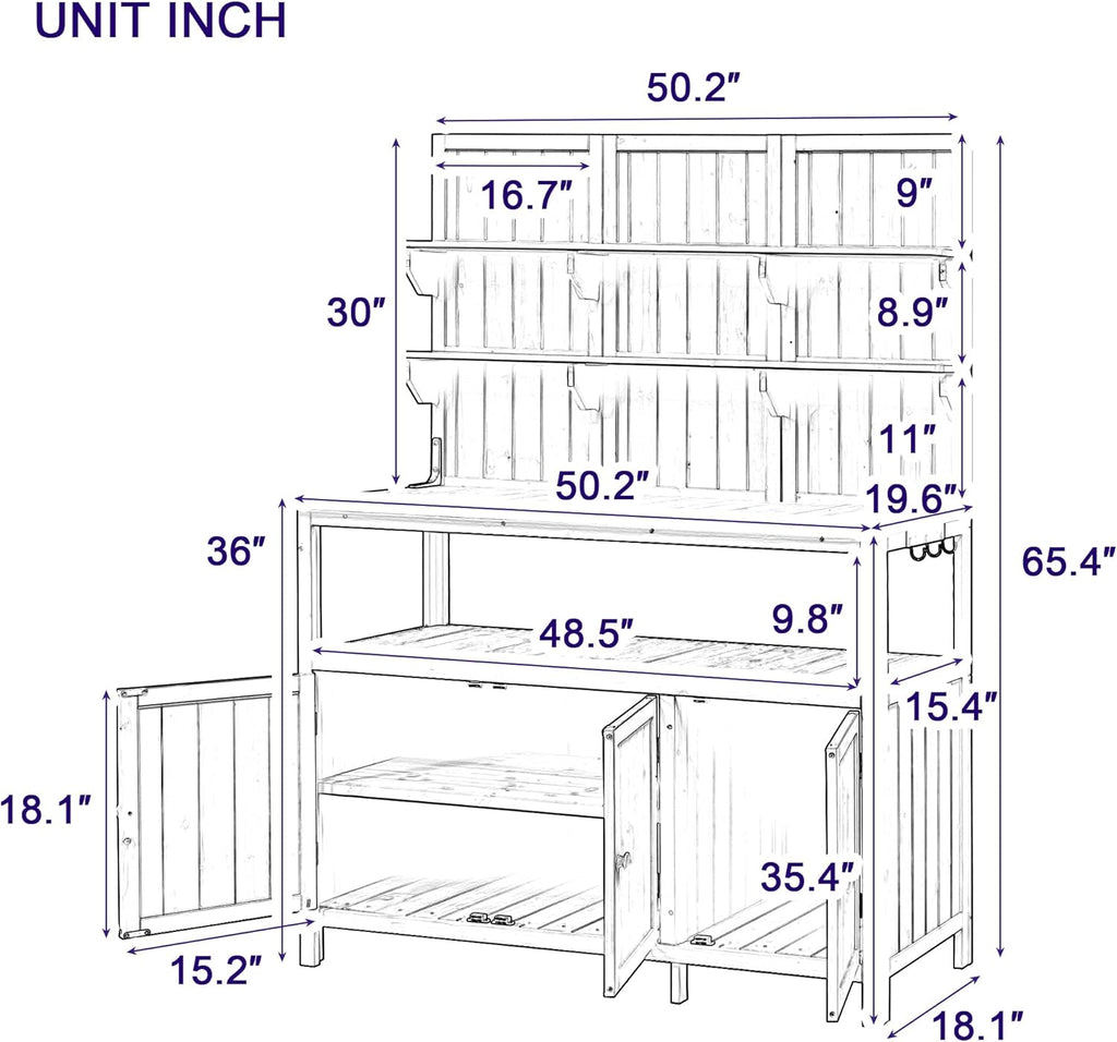 Outdoor Potting Bench Table with Hutch, 50.2' Solid Fir Wood Garden Workstation, Large Countertop, 2 Shelves, 2 Cabinets, for Gardening (Green6, 50.2')