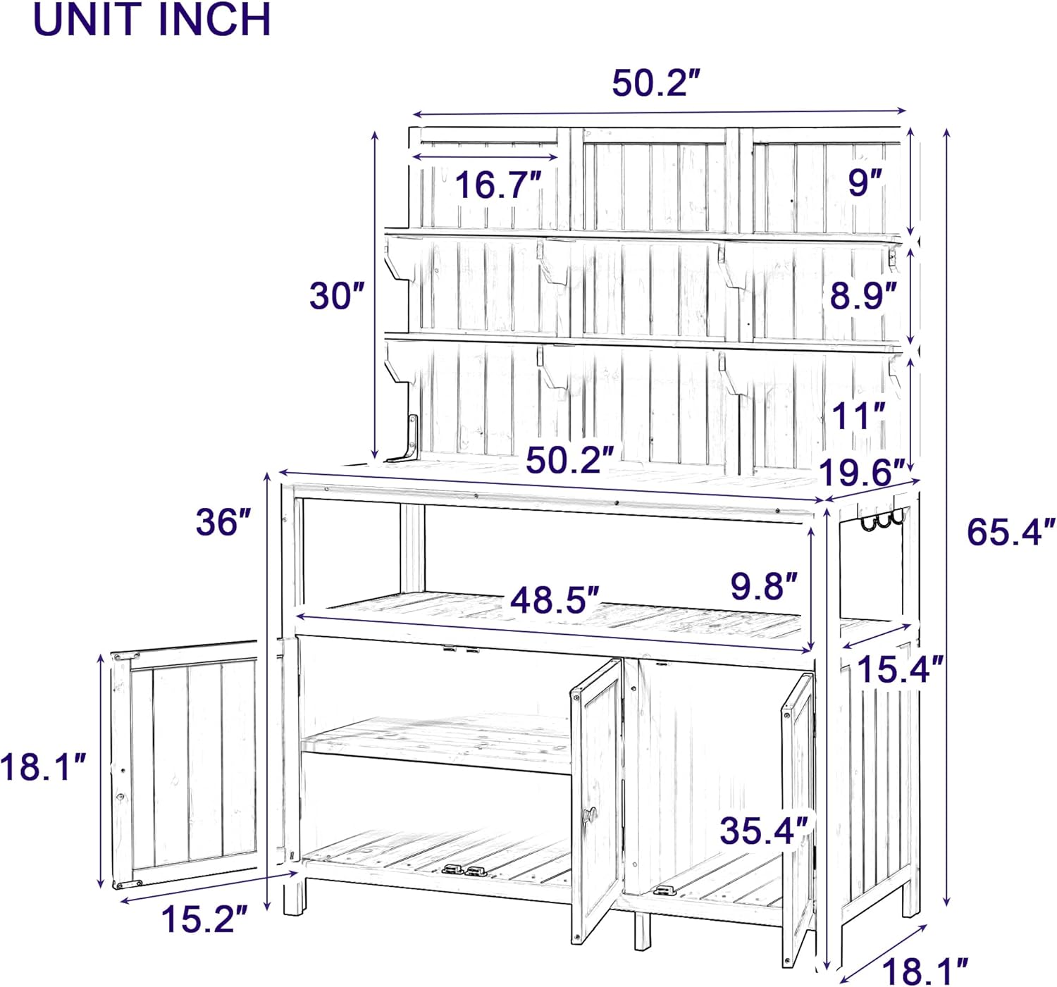 Outdoor Potting Bench Table with Hutch, 50.2' Solid Fir Wood Garden Workstation, Large Countertop, 2 Shelves, 2 Cabinets, for Gardening (Green6, 50.2')