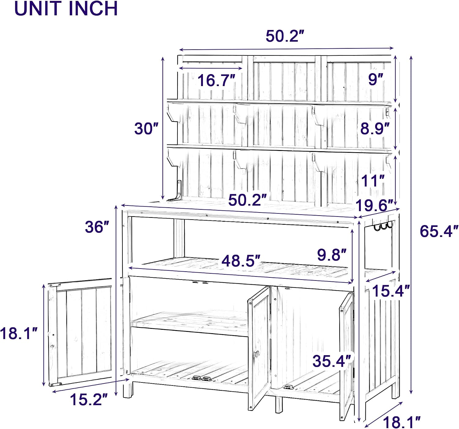 JIVOIT Outdoor Garden Potting Bench Table, 50.2' Solid Fir Wood Garden Workstation Work Bench, Outdoor Planting Table with Hutch, Large Countertop, 2 Shelves, 2 Cabinets, 3 Side Hooks