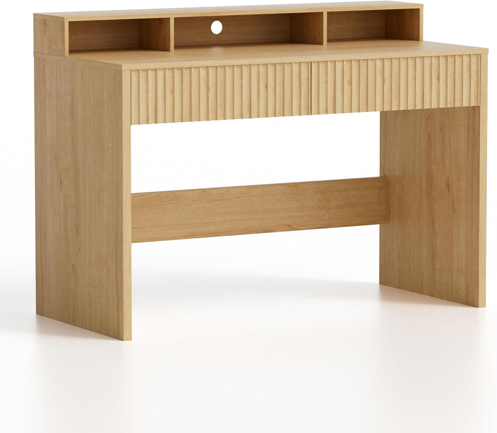 47' Executive Desk with Fluted Drawer, Modern Home Office Desk with Long Monitor Stand and 2 Drawers, Computer Writing Desk for Study Office Vanity, Nautral Oak