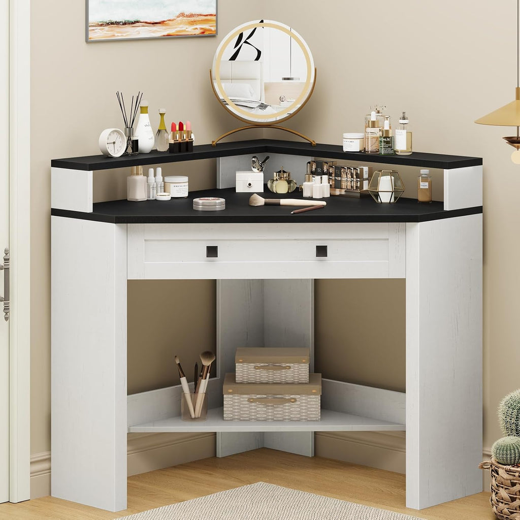 Corner Desk, Triangle Computer Desk Home Office Workstation with Drawer and Monitor Stand for Small Spaces Farmhouse Corner Vanity Table for Bedroom Study, Living Room (Rustic White and Black)
