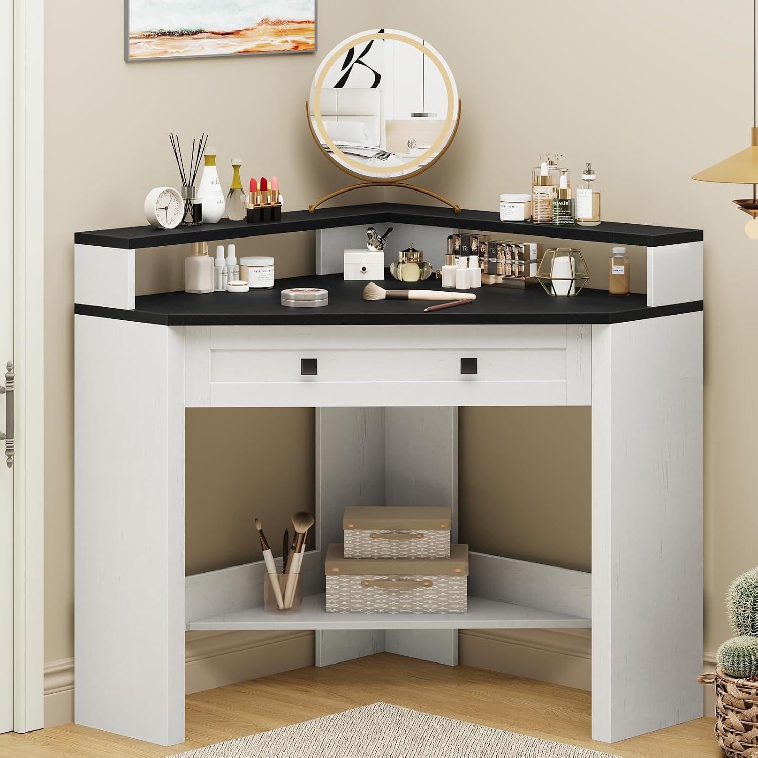 Corner Desk, Triangle Computer Desk Home Office Workstation with Drawer and Monitor Stand for Small Spaces Farmhouse Corner Vanity Table for Bedroom Study, Living Room (Rustic White and Black)