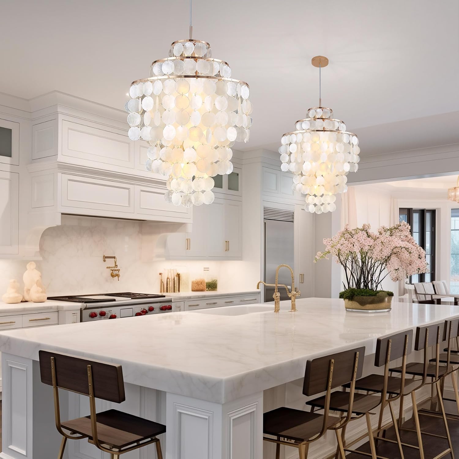 Capiz Shell Chandelier,18' Gold Coastal Chandelier Light Fixture with 4 Lights Capiz Seashell Pendant for Living Room Foyer Kitchen Island Entryway Dining Room Bedroom,LED Bulb Included