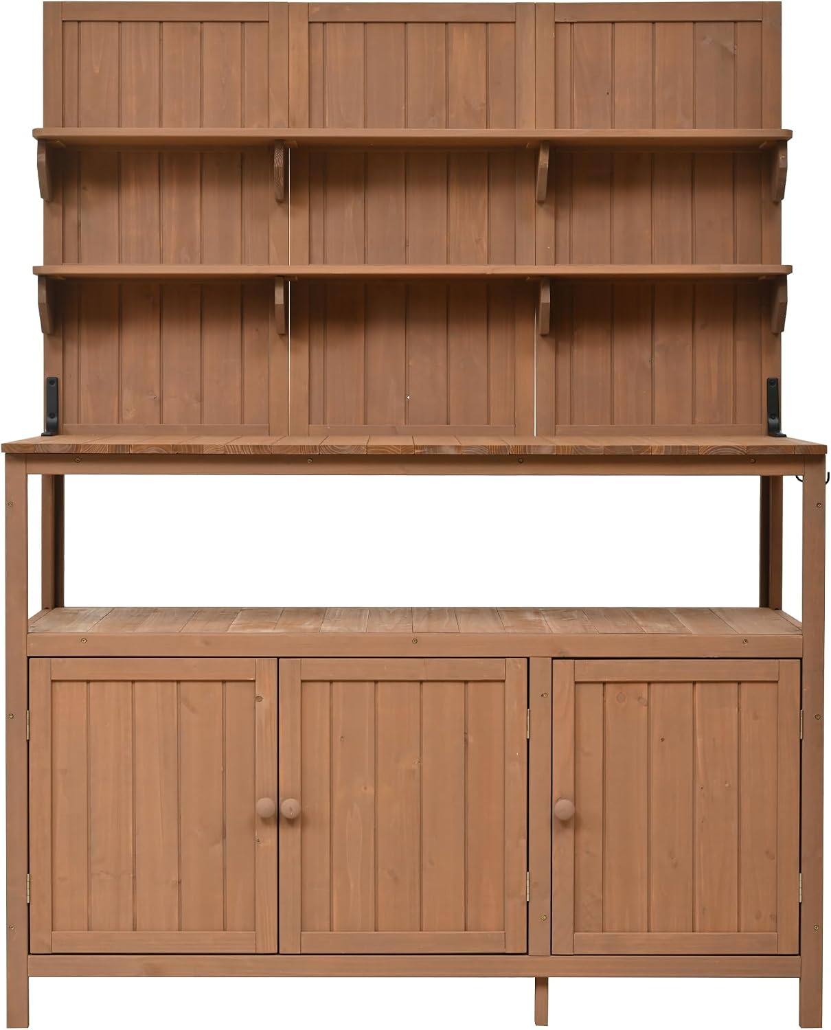 JIVOIT Outdoor Garden Potting Bench Table, 50.2' Solid Fir Wood Garden Workstation Work Bench, Outdoor Planting Table with Hutch, Large Countertop, 2 Shelves, 2 Cabinets, 3 Side Hooks