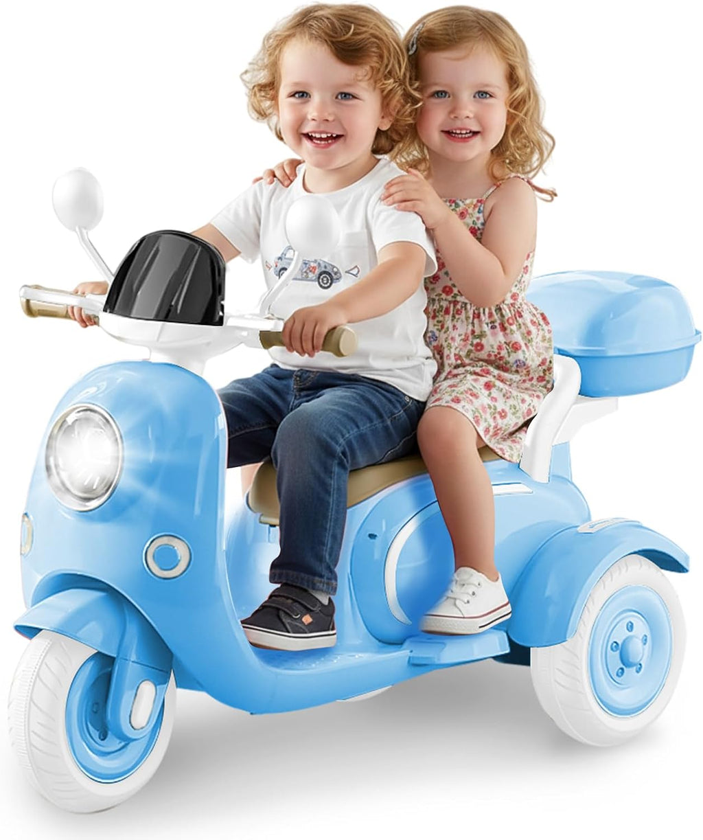 HEIMILI 12V 2-Seater Ride on Motorcycle for Kids, 3 Wheel Electric Motorbike with Dual 25W Motors, Toddler Moped Scooter with Bluetooth Music, Battery Powered Toy for Girls Boys 3-6 Years, Blue