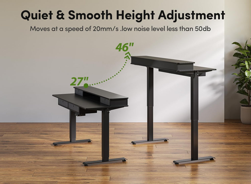 BANTI Height Adjustable Electric Standing Desk with 4 Drawers, 48 x 24 Inch Table with Storage Shelf, Sit Stand Desk, Black Top
