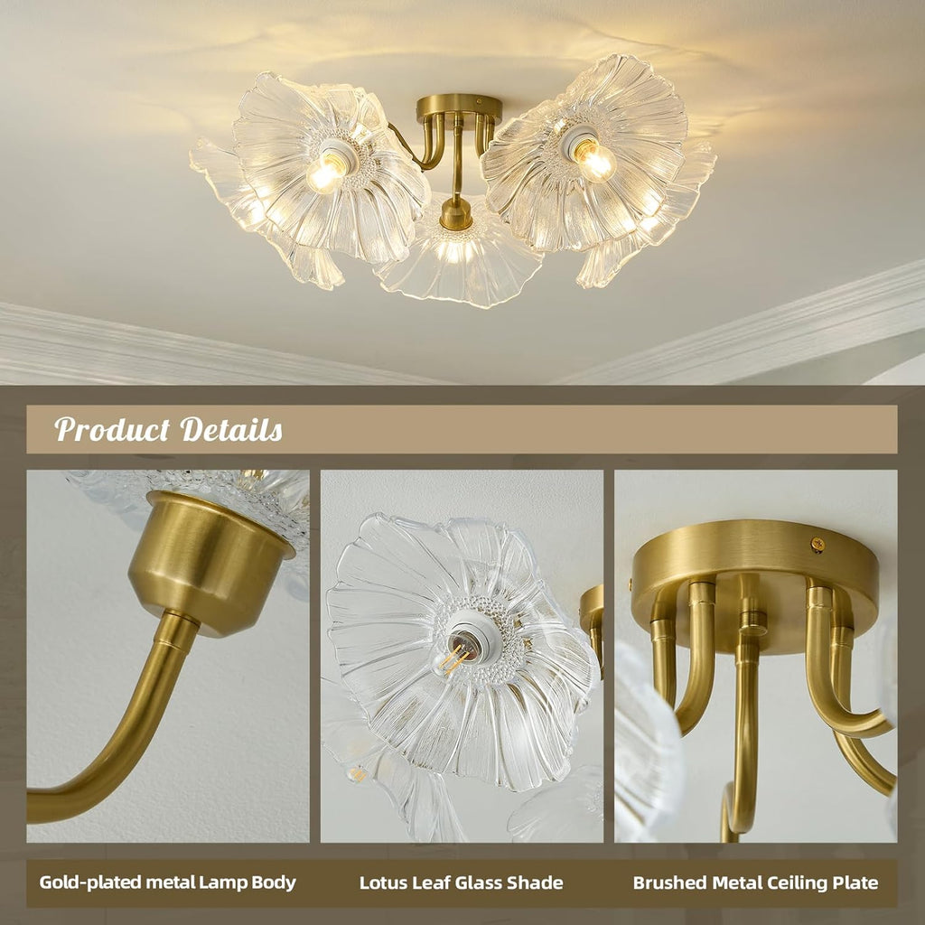 Flower Glass 5 Lights Ceiling Light - Gold Vintage Floral Semi Flush Mount Chandelier Lightin Fixture - Mid Century Modern Art Deco Lamp for Bedroom Bathroom Hallway Hall Laundry Kitchen Dining Room