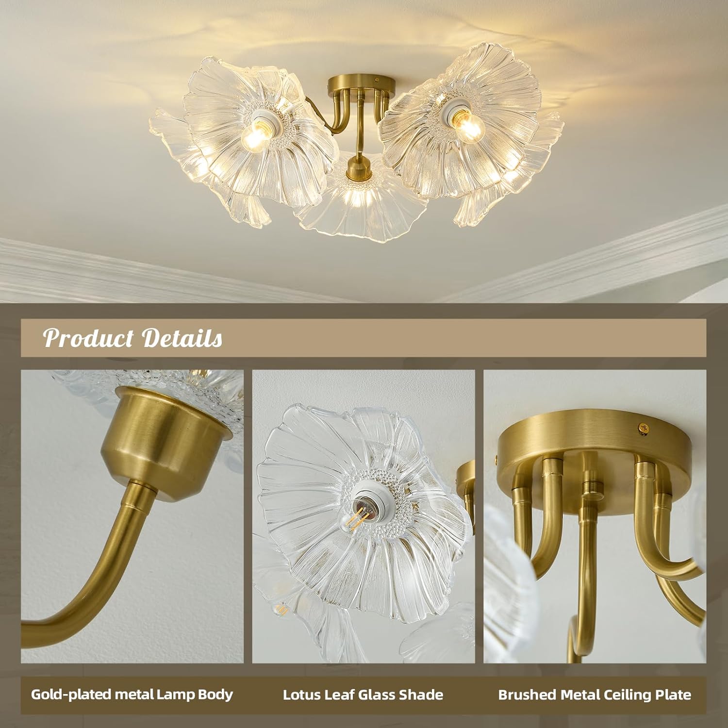 Flower Glass 5 Lights Ceiling Light - Gold Vintage Floral Semi Flush Mount Chandelier Lightin Fixture - Mid Century Modern Art Deco Lamp for Bedroom Bathroom Hallway Hall Laundry Kitchen Dining Room