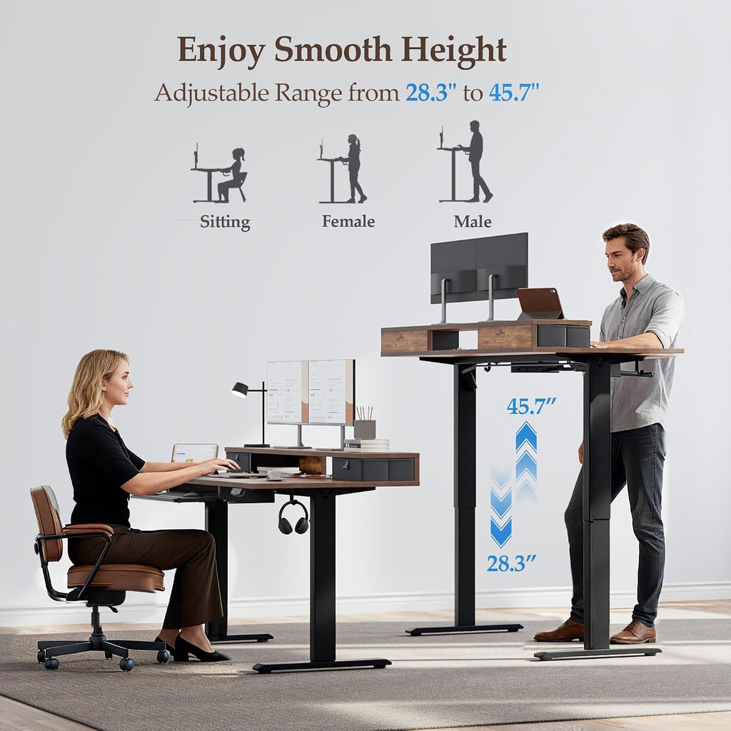 Klicelor 55 x 23.6 Inch Electric Standing Desk with Drawers, Adjustable Height Small Sit Stand Desk for Home Office, Compact Computer Workstation with Storage– Rustic Brown