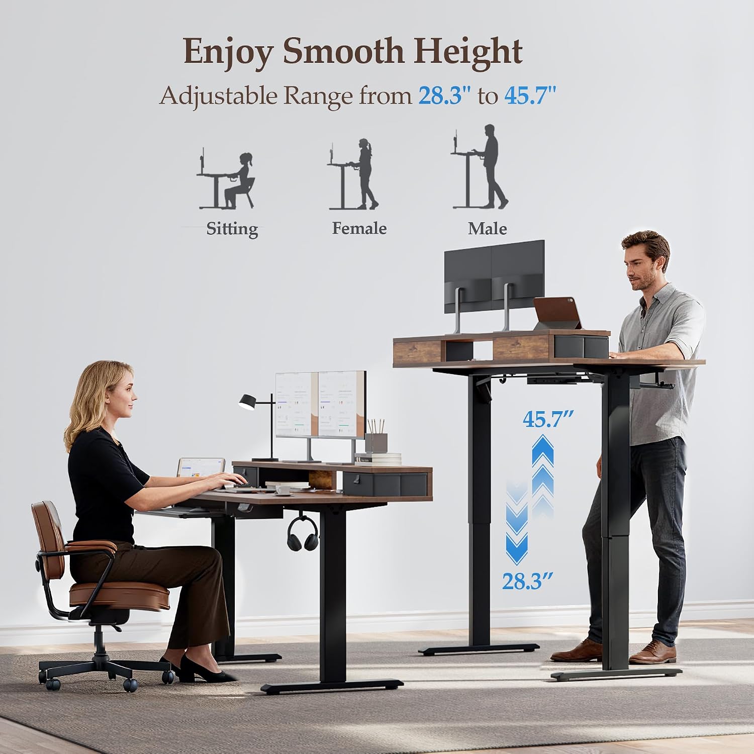 Klicelor 63 x 23.6 Inch Electric Standing Desk with Drawers, Adjustable Height Small Sit Stand Desk for Home Office, Compact Computer Workstation with Storage– Rustic Brown