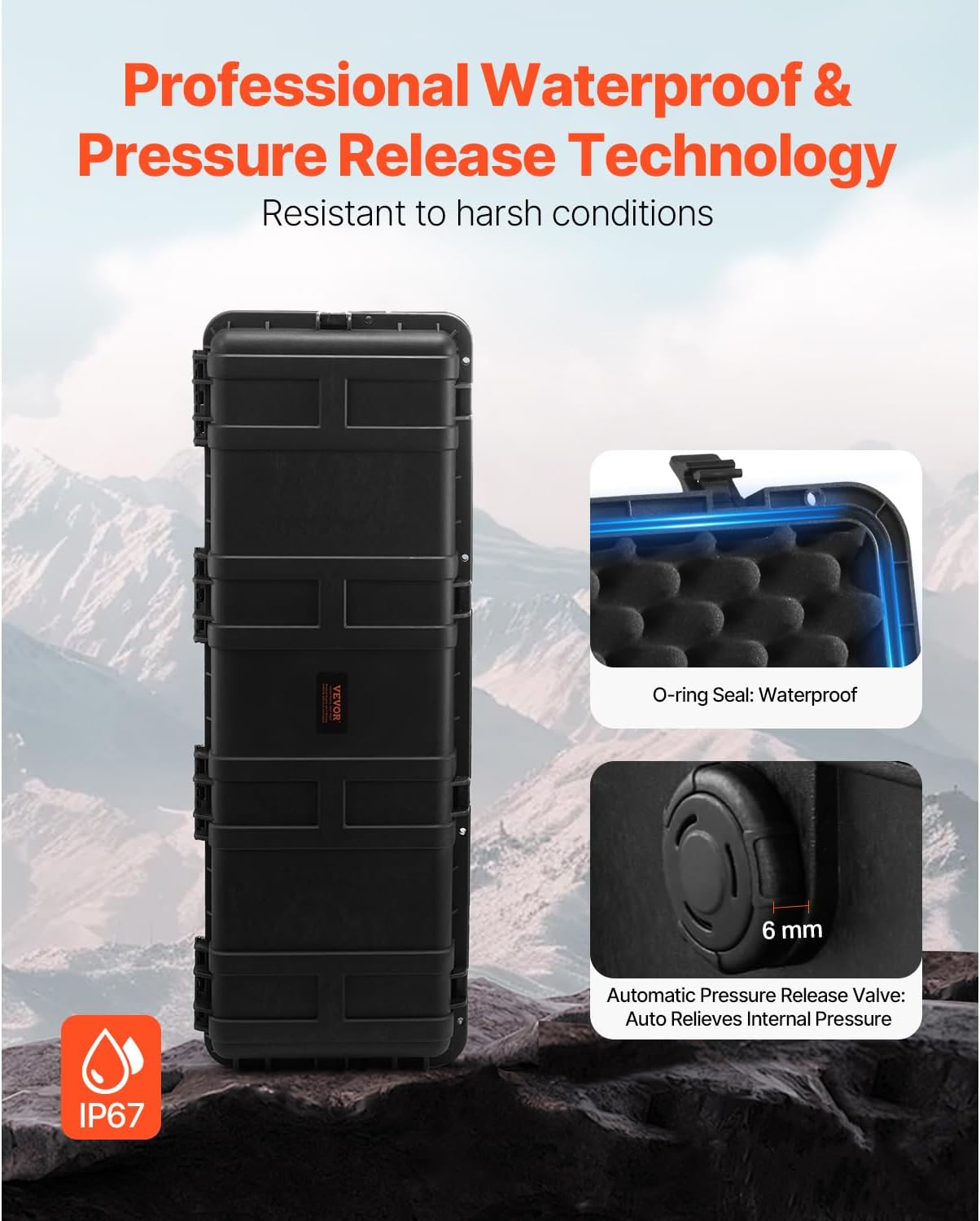 VEVOR Weatherproof Hard Case, Heavy Duty Protective Dry Box Case with Pre-Cut Foam Retractable Pull Handles for Travel, Hunt, Military, Tactical, IP67 Waterproof Case for Cameras(44.09*15.94*13.46)