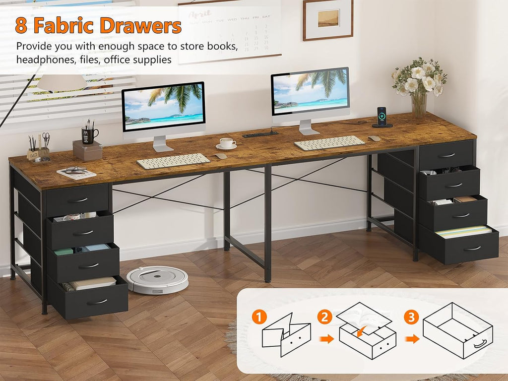 YOMILUVE 95'' Two Person Desk with 8 Drawers, Long Office Desk with Charging Station, 2 Person Desks Double Desk Writing Study Table for Home Office, Brown and White, Brown and Black