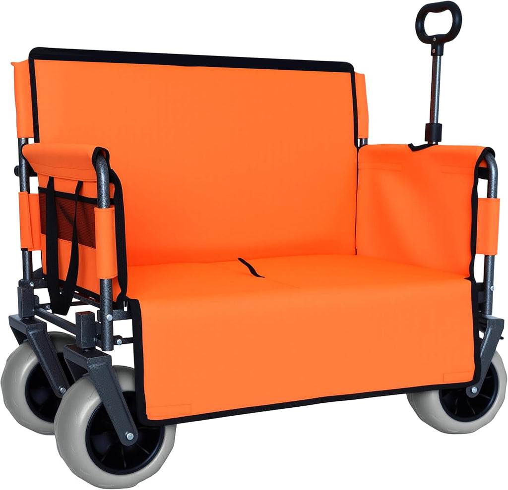 3-in-1 Folding Wagon with Bench Seat – 500lbs Capacity,Reinforced Carbon Steel Frame, 180L Cargo Space– Perfect for Camping, Beach, Outdoor Events & Heavy-Duty Hauling (Orange)