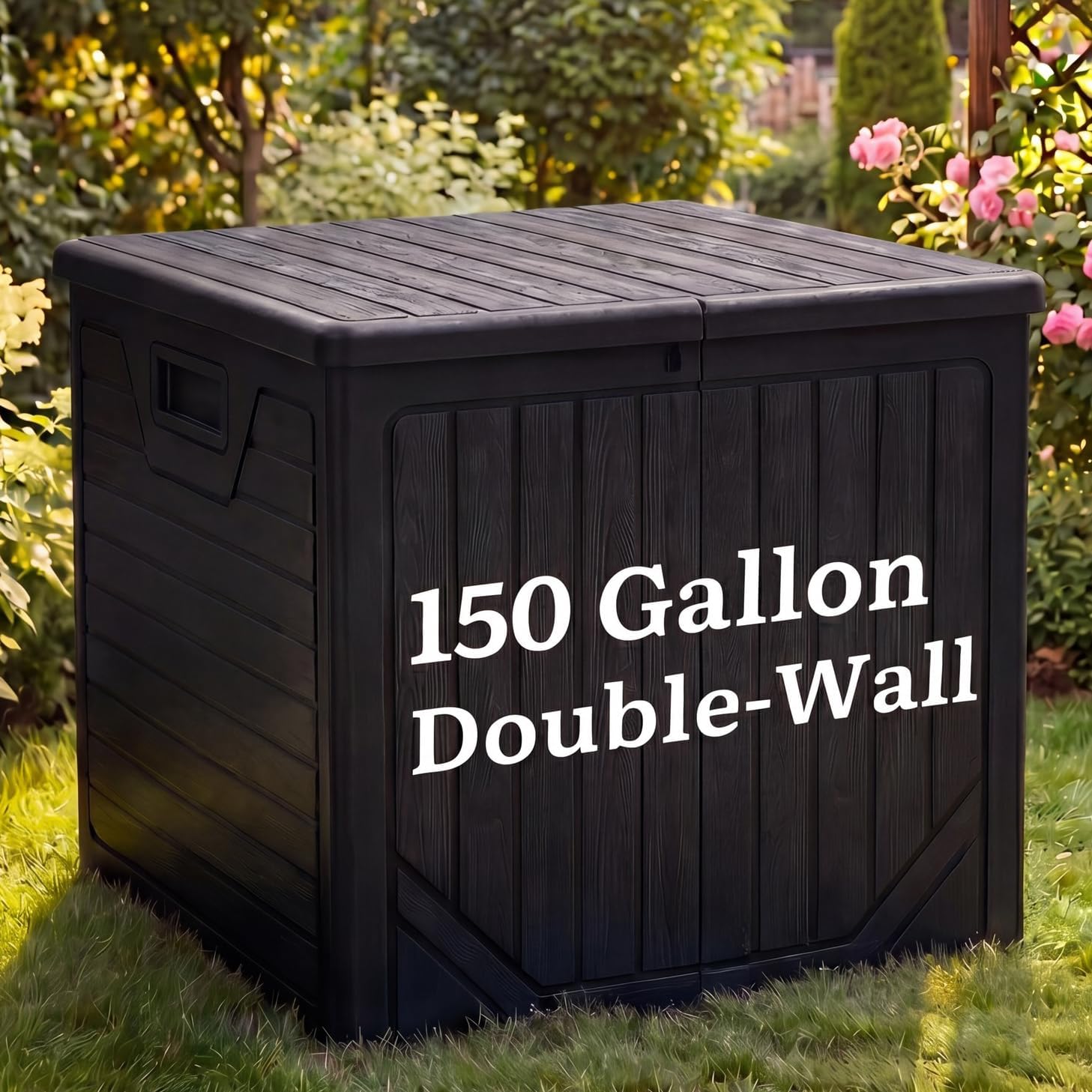 YITAHOME 150 Gallon Large Outdoor Storage Box w/Double Wall, Waterproof Deck Box with Hydraulic Piston for Garden Tools, Pool Accessories & Cushions, Resin Deck Organizer with Bench Seat(Black)