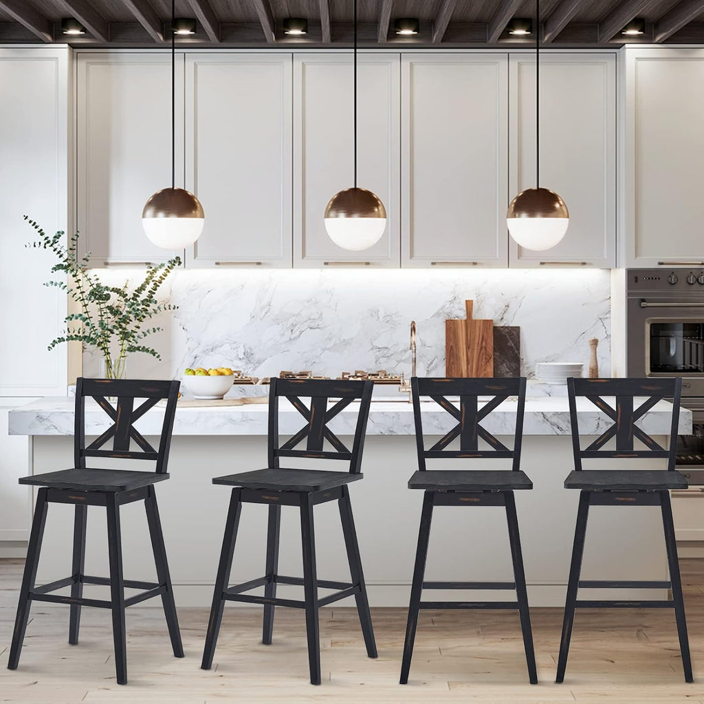 COSTWAY Bar Stools Set of 4, 360 Degree Swivel, 29-inch Height Chairs w/Non-Slip Foot Pads, Rubber Wood Bar Chairs, Vintage Bar Stools for Home, Restaurant (Black)