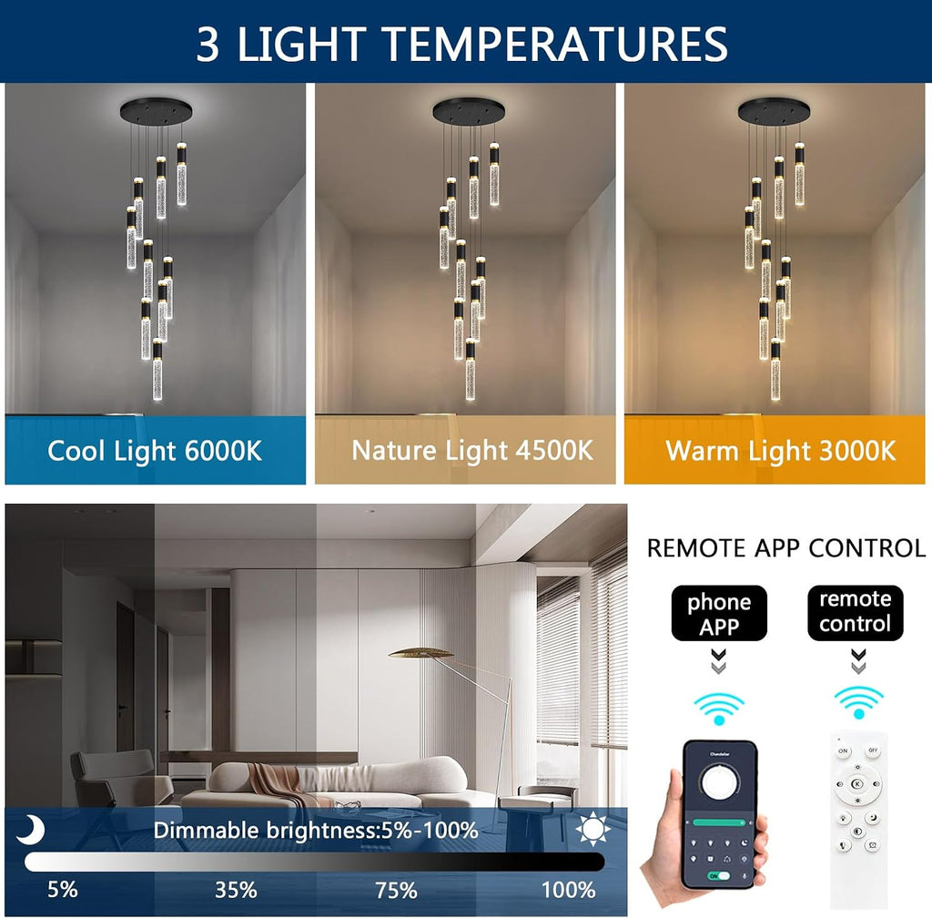 9-Lights Modern Crystal Spiral Chandelier for Staircase High Ceiling Chandeliers Bubble Pendant Lighting Hanging Light Fixture Flush Mount for Foyer Entryway