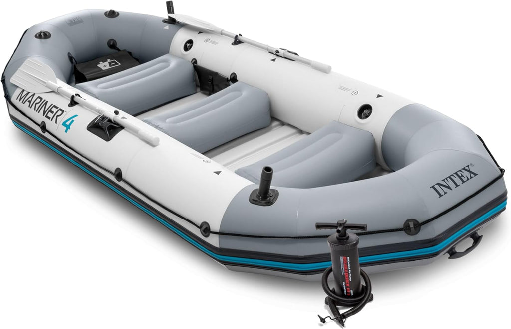INTEX Mariner Inflatable Boat Series: Includes Deluxe Boat Oars and High-Output Pump – SuperTough PVC – Wear-Resistant Keel – Removable Fishing Rod Holders – Heavy Duty Grab Handle