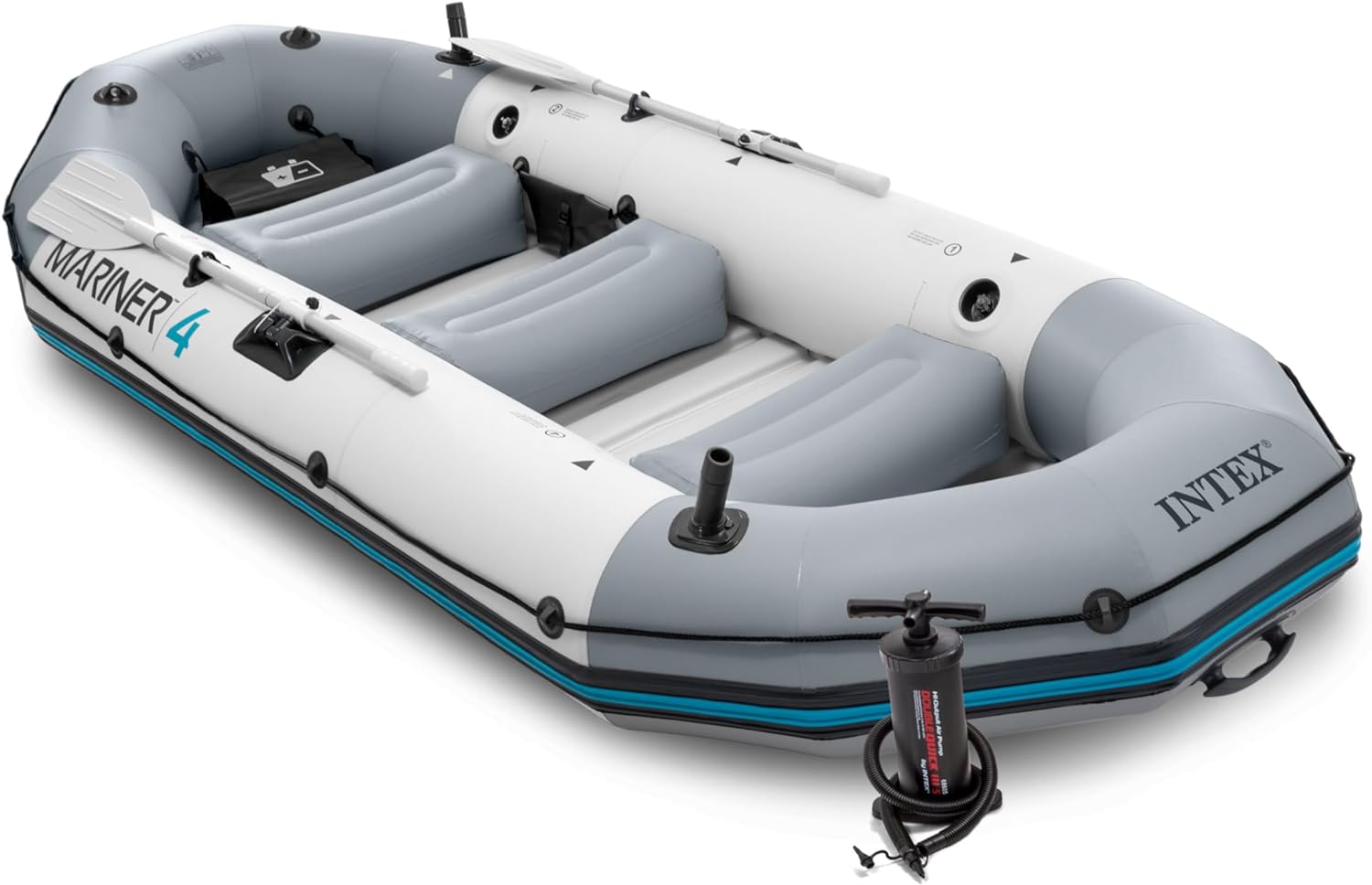 INTEX Mariner Inflatable Boat Series: Includes Deluxe Boat Oars and High-Output Pump – SuperTough PVC – Wear-Resistant Keel – Removable Fishing Rod Holders – Heavy Duty Grab Handle