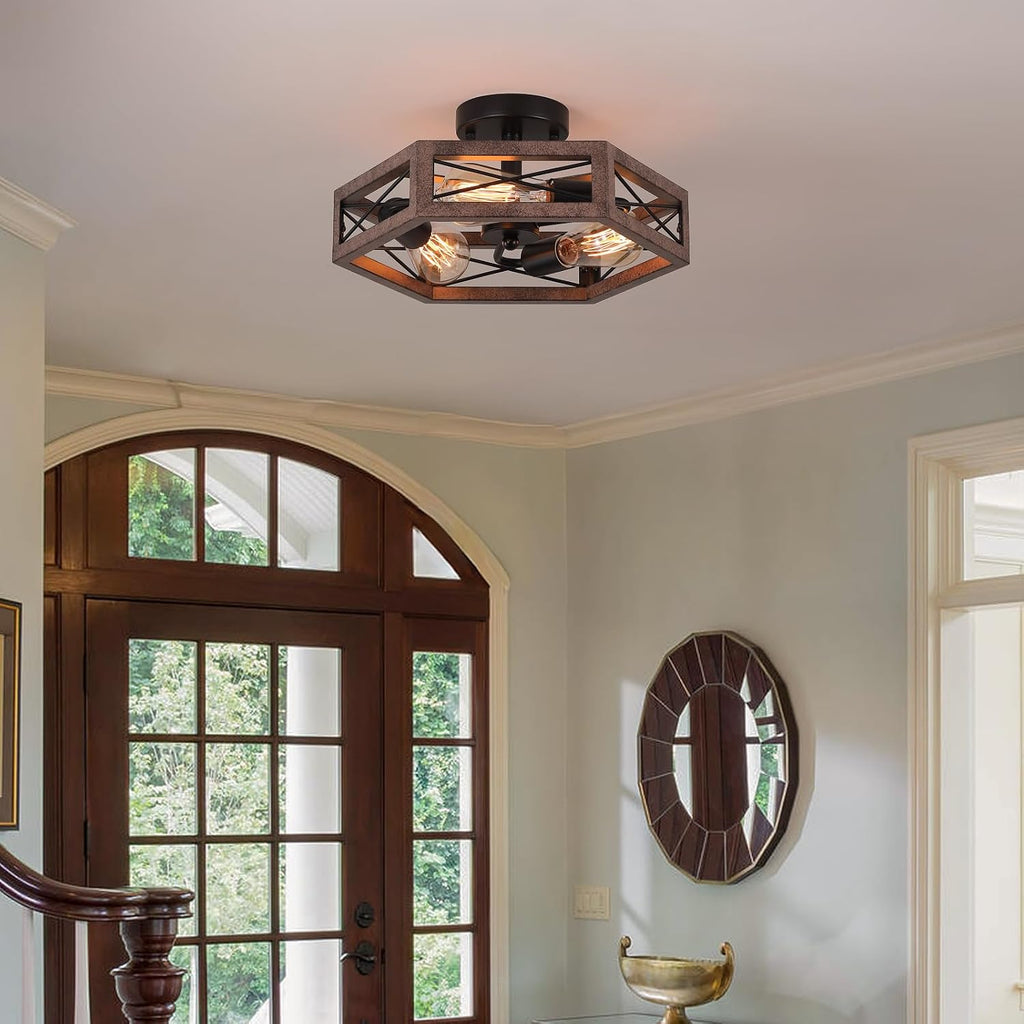 2 Pack 3-Light Rustic Farmhouse Metal Flush Mount Ceiling Light Fixture 14.5 inch Antique Oak Hexagon Cage Semi Flush Mount Ceiling Light for Hallway Hall Entry Bedroom Kitchen Farmhouse, Black