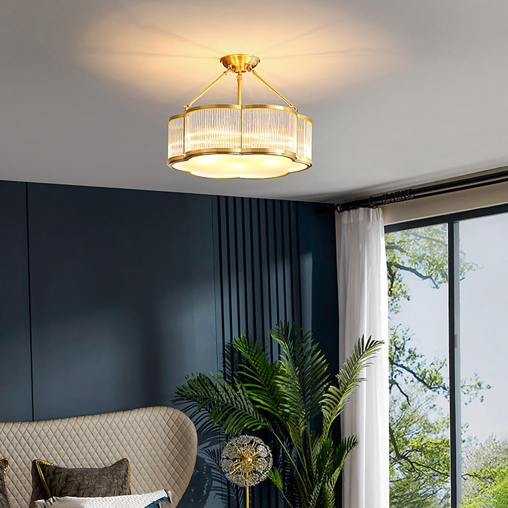 Vintage Semi-Flush Gold Chandelier,Mid-Century Modern Brass Ceiling Light Fixture,Art Deco Floral Ceiling Light,Frosted Glass Ceiling Lamp for Nursery Bedroom Kitchen