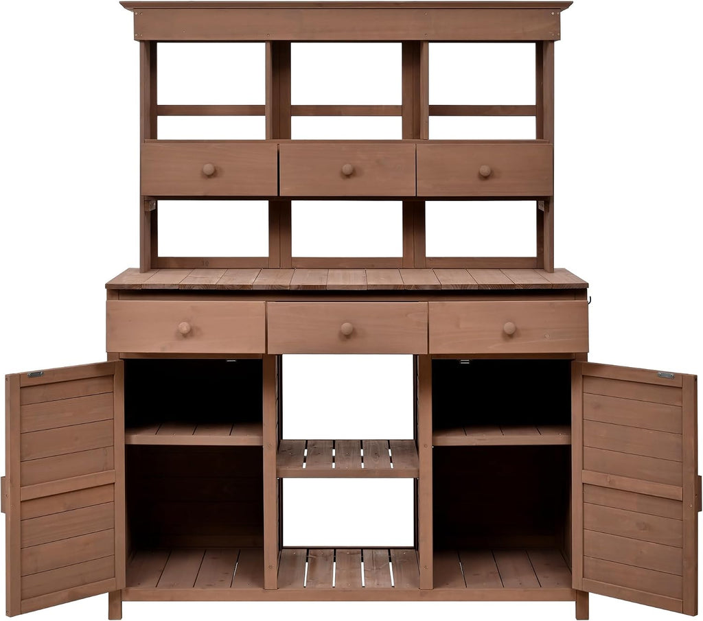 JIVOIT Outdoor Wood Workstation Table, 65.7'' H Tall Garden Potting Bench Table with Hutch, 3 Shelves, 6 Drawers, 2 Bottom Cabinets & Side Hooks, Patio Storage Workstation for Mudroom, Doorway