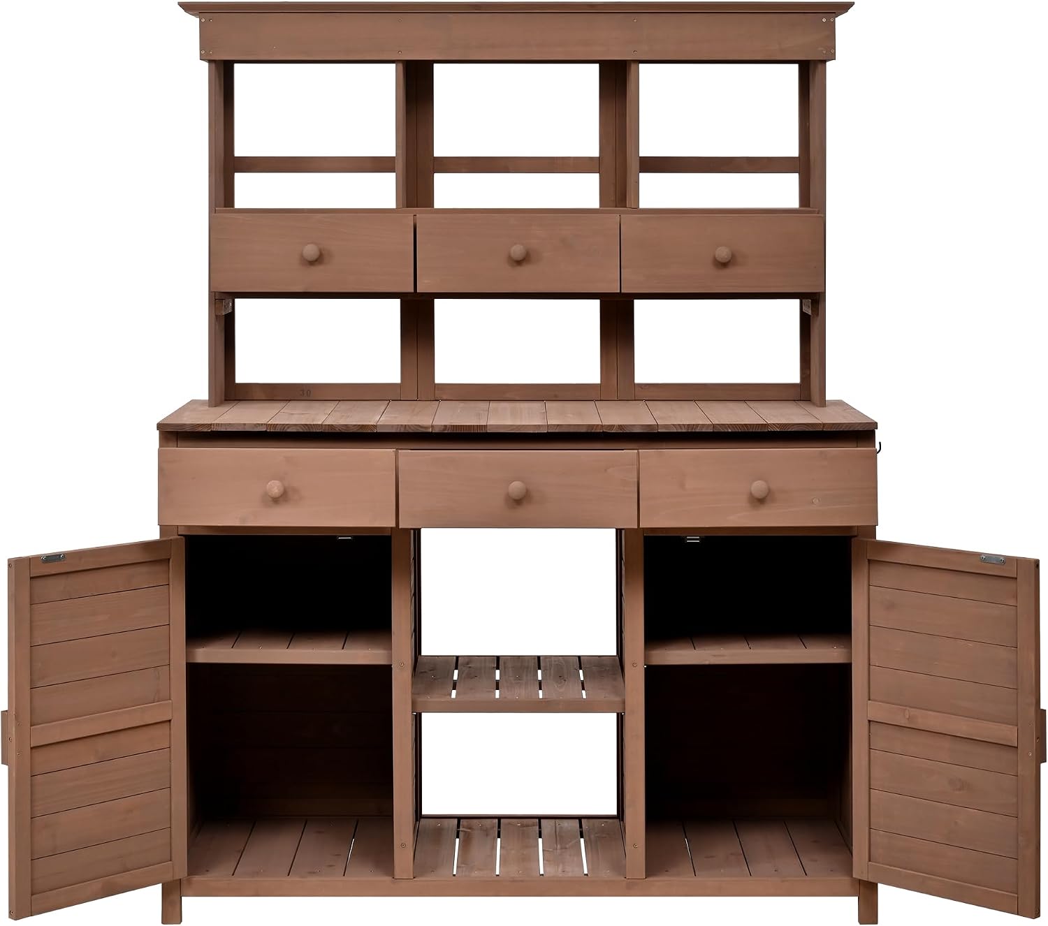 JIVOIT Outdoor Wood Workstation Table, 65.7'' H Tall Garden Potting Bench Table with Hutch, 3 Shelves, 6 Drawers, 2 Bottom Cabinets & Side Hooks, Patio Storage Workstation for Mudroom, Doorway