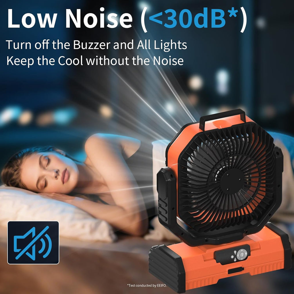 12 Inch Portable Camping Fan, 40000mAh Rechargeable Battery Powered Fan with 4 Speeds Wind and LED Light 140H, Cool & Warm Light and SOS Mode, Auto Oscillating, 360° Rotating Hang Hook(Orange)