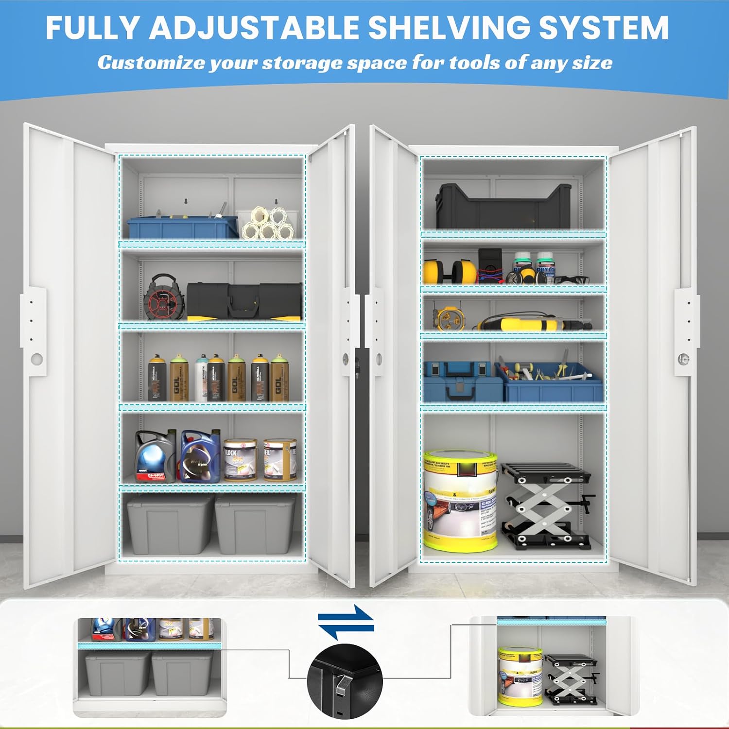 Metal Garage Storage Cabinet with Lock, 72' Tall Steel Storage Locker with 4 Adjustable Shelves, Heavy Duty Metal Cabinet for Garage, Office, Home, White