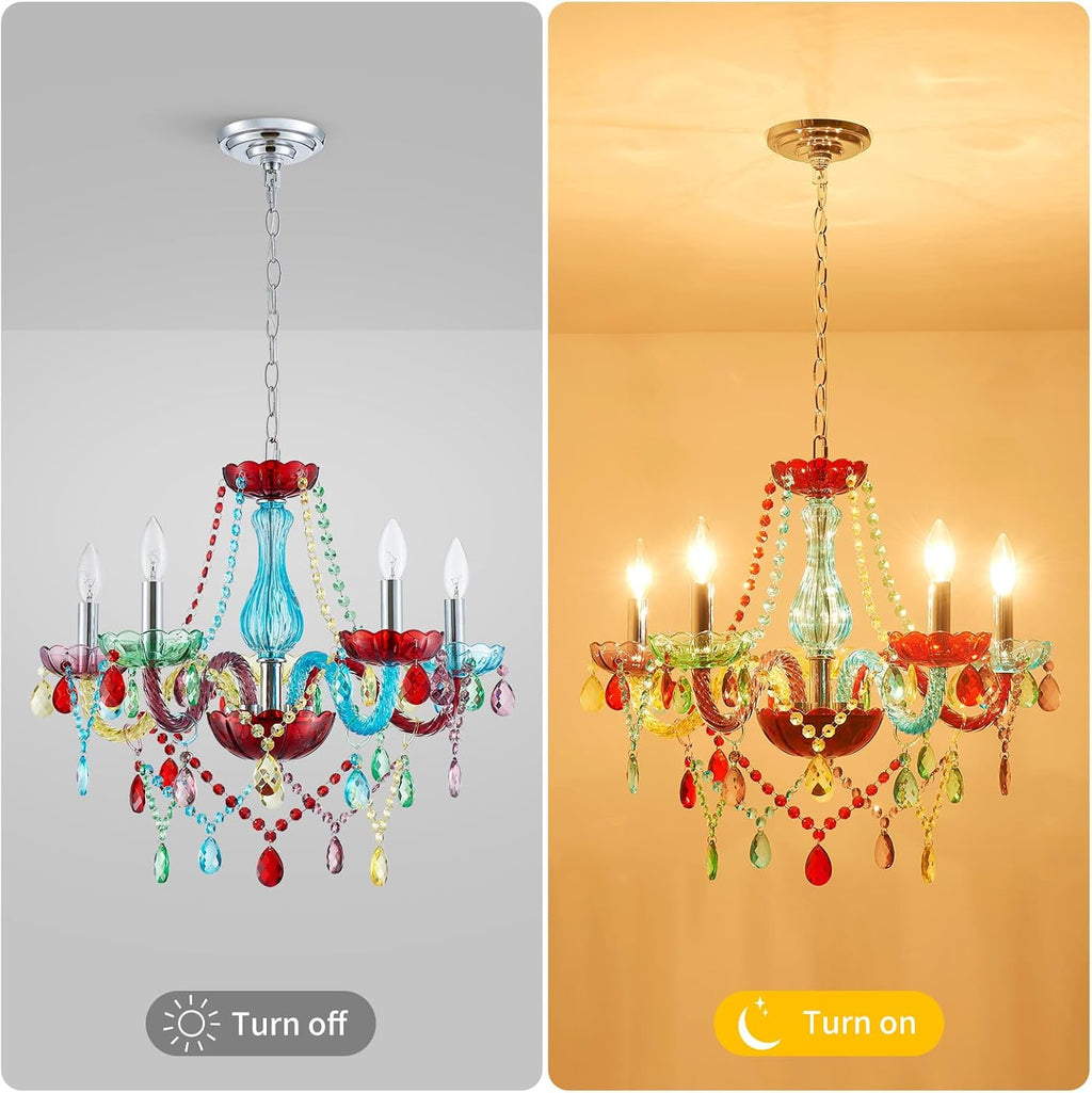 5-Lights Children Chandeliers, Modern Candy Design, Colorful Crystal Chandeliers for Bedroom, Dining Room, D22.8'' × H33.5'', Adjustable Height (33.5'~70.9'), Youth Color & Chrome Finish Frame