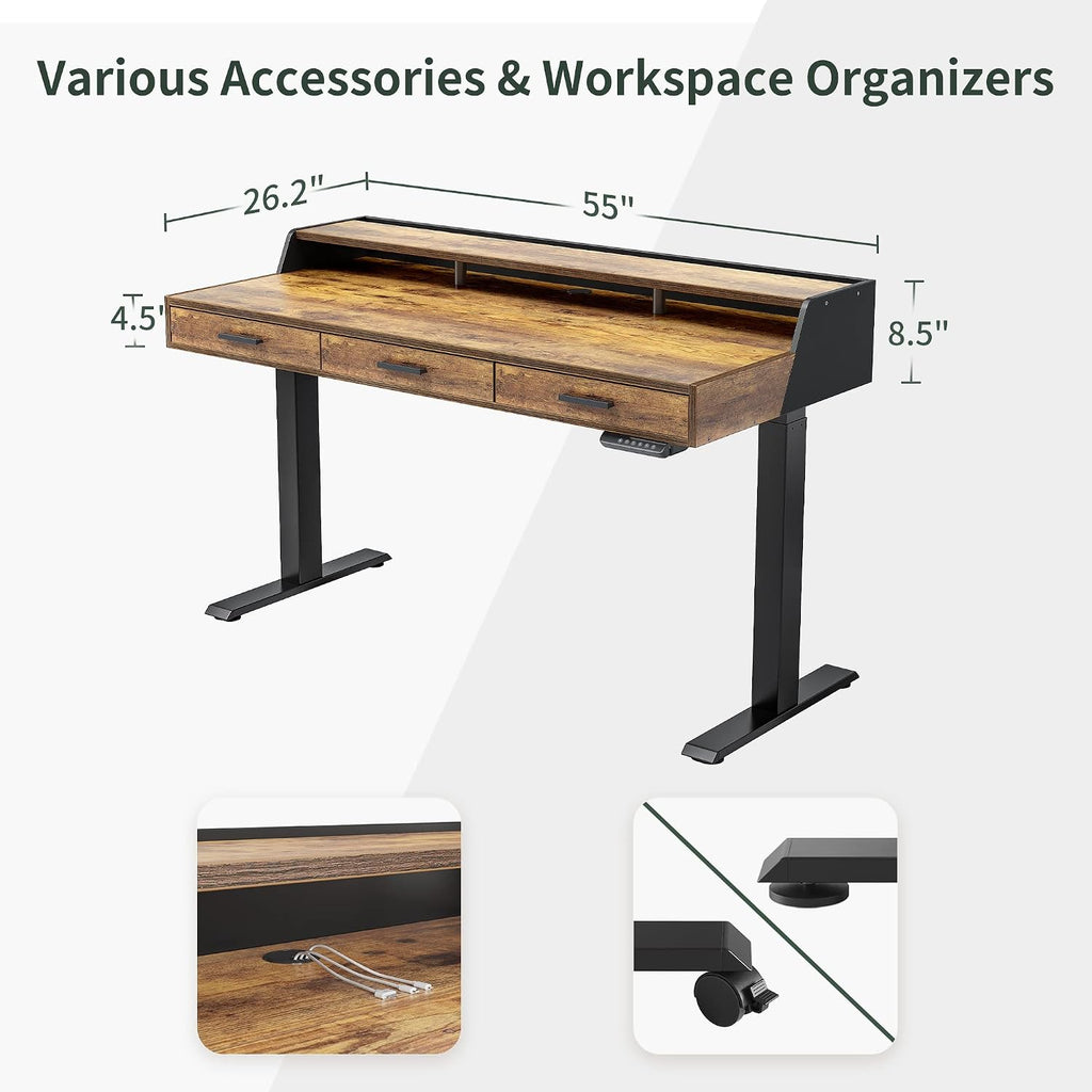 FEZIBO 55x26 Inches Standing Desk with 3 Wooden Drawers and Monitor Shelf, Height Adjustable Computer Desk, Ergonomic Rising Home Office Desks, Sit Stand Up Electric Workstation Table, Rustic Brown