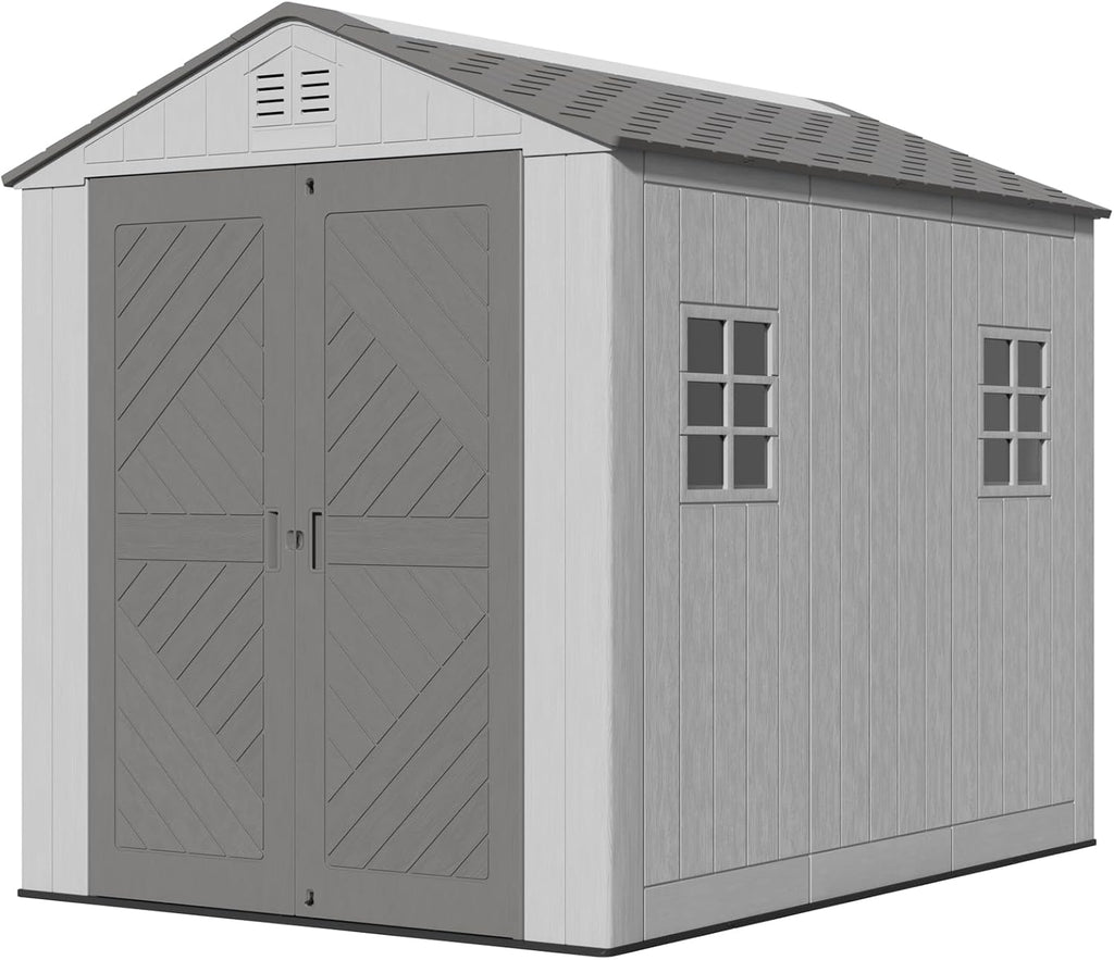 KINYING 6x9 FT Outdoor Storage Shed with Floor,Resin Outdoor Garden Tool Shed with Windows,Lockable Weather Resistant Large Plastic Shed for Bike Storage,Lawn Mower,Pool Supplies
